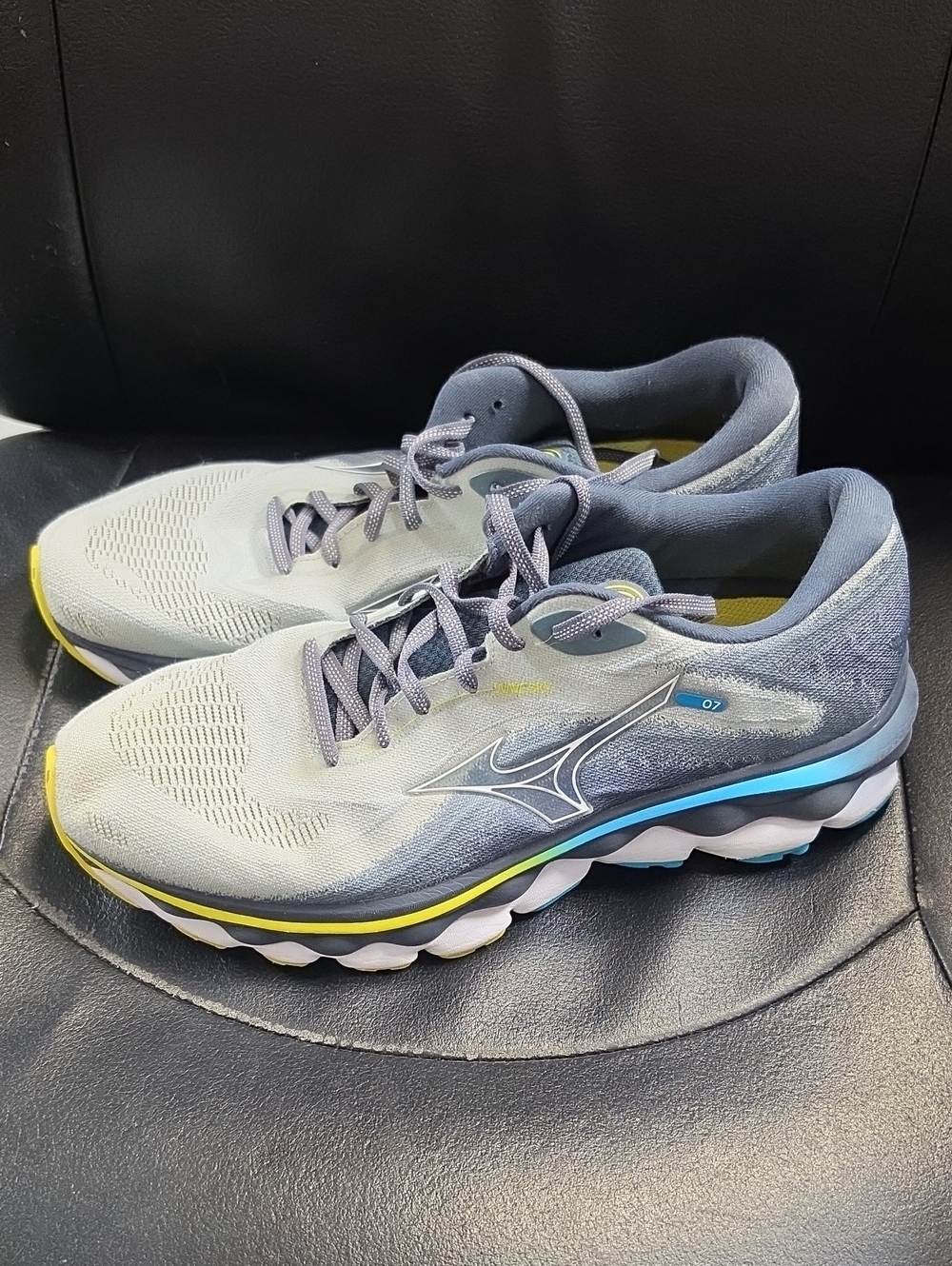Mizuno Men's Wave Sky 7 Running Shoes in Gray, Blue & Yellow Accents